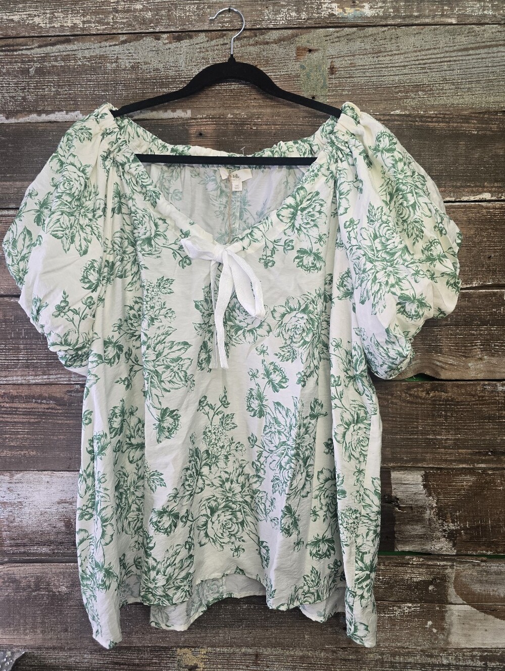Green Floral Tie-Neck Peasant Blouse